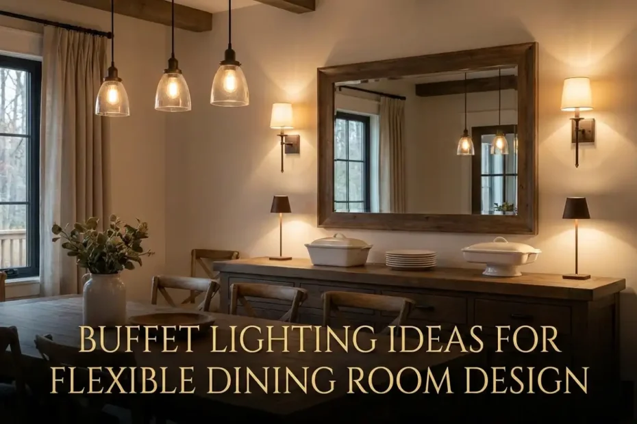 Dining room featuring a wooden buffet illuminated by wall sconces and table lamps, overlaid with the text "Buffet Lighting Ideas For Flexible Dining Room Design."